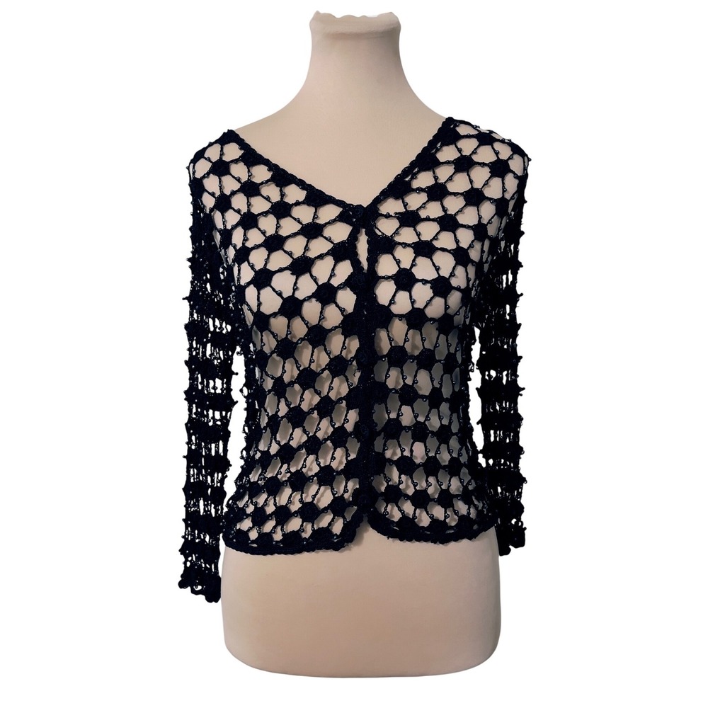 Cejon Women Beaded Crochet Open Knit Cardigan Black Fairy Grunge Gothic OS